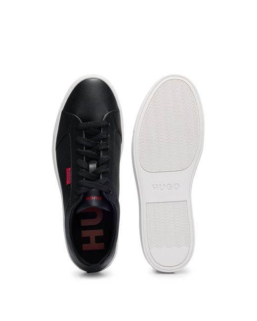 HUGO Black Cupsole Trainers In Faux Leather With Logo Flag for men