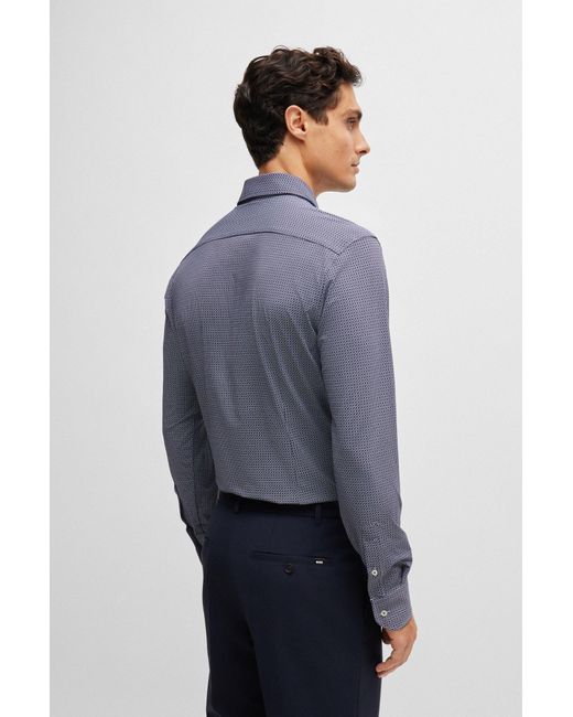 Boss Blue Slim-fit Shirt In Geometric-print Performance-stretch Material for men