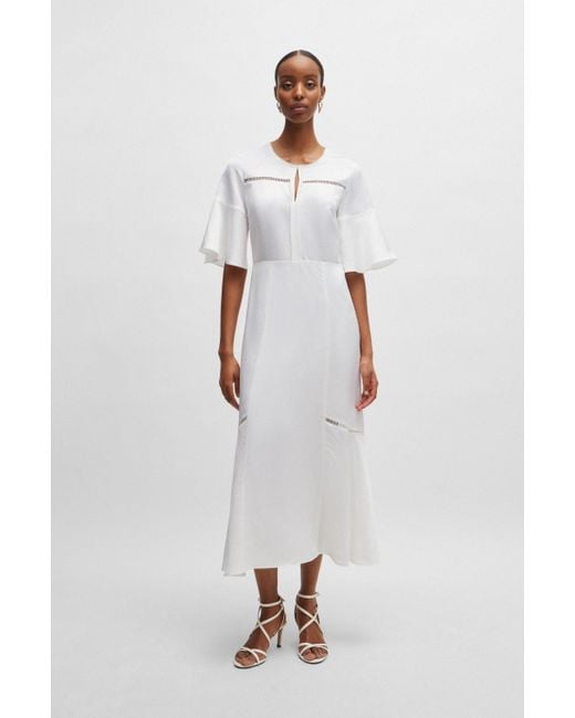 Boss White Short-sleeved Dress With Ladder-lace Trims