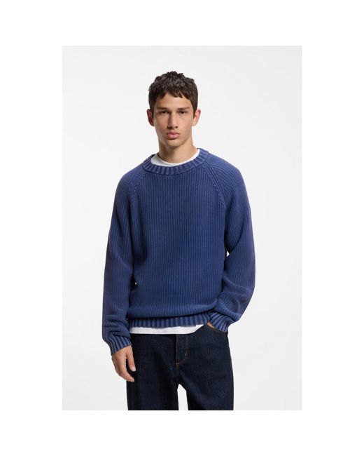 HUGO Blue Cotton Sweater With Ribbed Structure for men