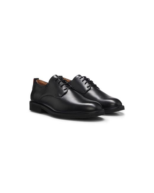HUGO Black Leather Derby Shoes With Brogue Details for men