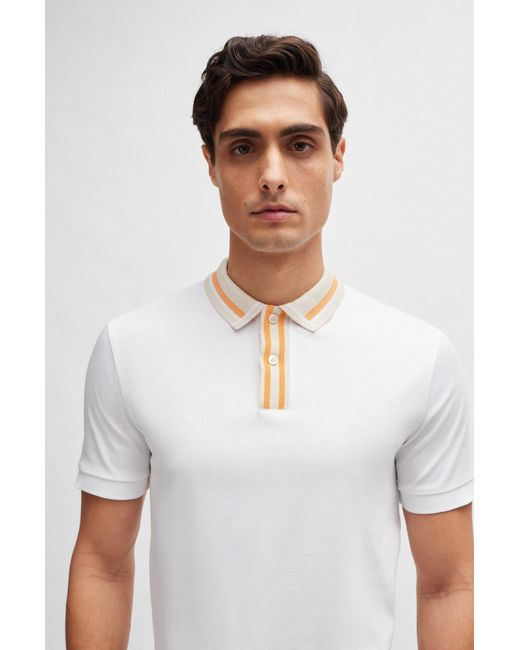 Boss White Mercerised-cotton Slim-fit Polo Shirt With Contrast Stripes for men