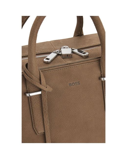 Boss Brown Grained Leather Holdall With Logo Keyholder for men