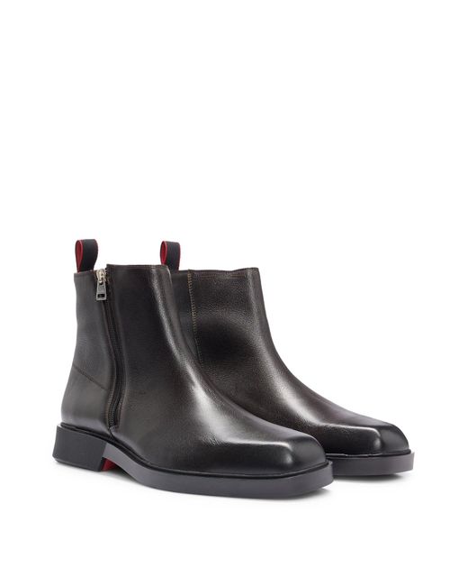 HUGO Black Ankle Boots In Grained Leather With Signature Details for men