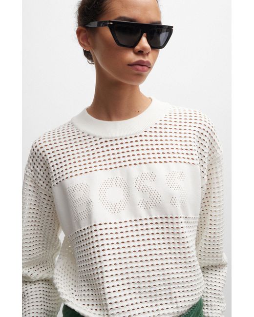 Boss White Open-knit Sweater With Logo Detail