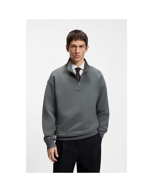 HUGO Brown Relaxed-Fit Cotton Sweatshirt With Zip Neck for men