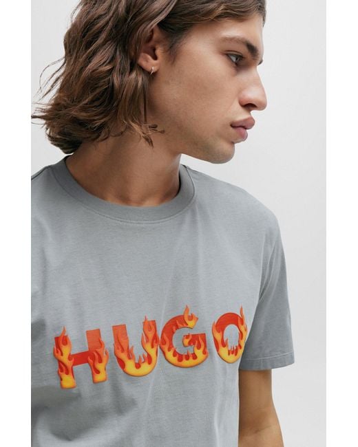 HUGO Gray Cotton-jersey T-shirt With Puffed Flame Logo for men