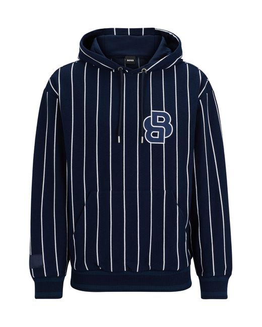 Boss Blue Mercerised-cotton Hoodie With Stripes And Double Monogram for men