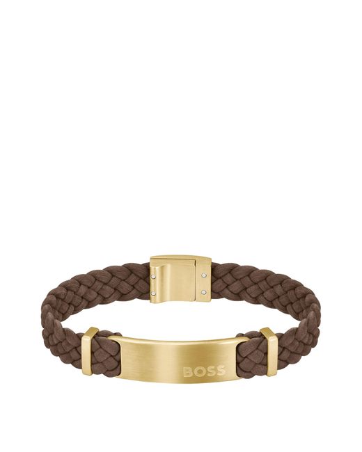Boss Brown-suede Braided Cuff With Logo Plate for men