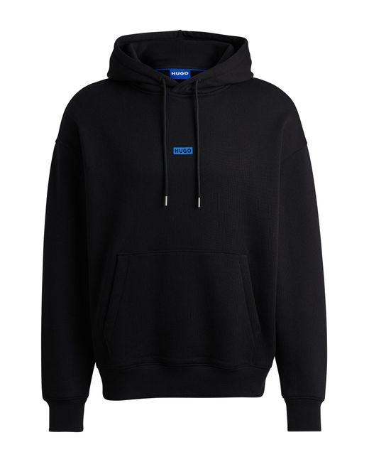 HUGO Black Cotton-terry Loose-fit Hoodie With Logo Details for men