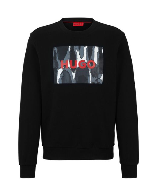 HUGO Black Cotton-terry Sweatshirt With Seasonal Logo Artwork for men