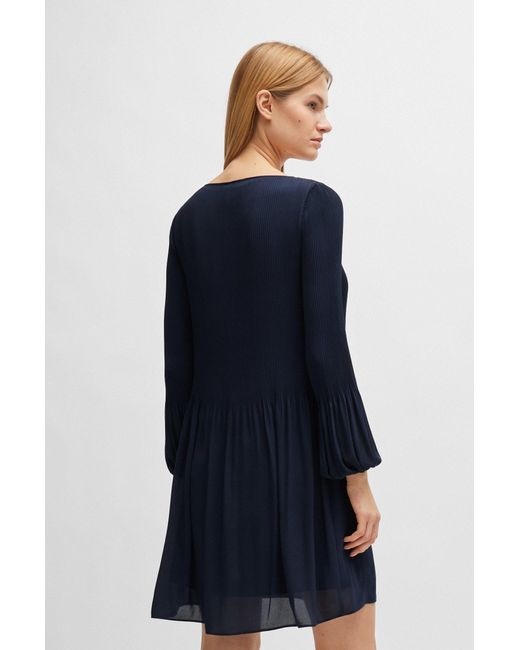 Boss Blue Regular-fit Dress With Long Sleeves And Pleated Skirt