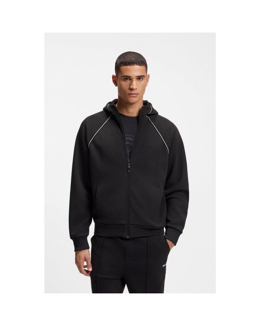 Boss Black Cotton-Blend Zip-Up Hoodie With Piping Details for men