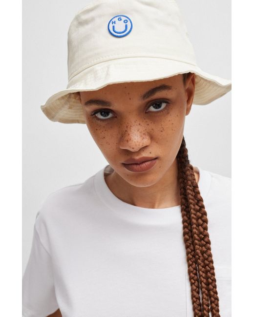 HUGO White Bucket Hat In Cotton Twill With Embroidered Logo