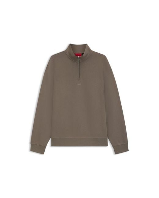 HUGO Brown Cotton-Terry Logo Sweatshirt With Zip Neck for men