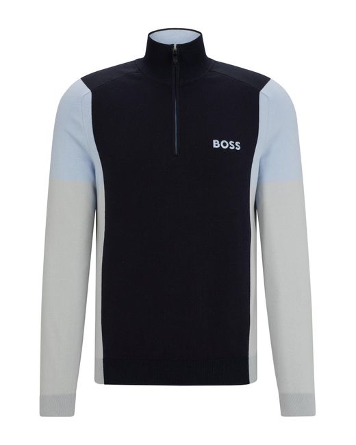 Boss Blue Cotton-blend Zip-neck Sweater With Embroidered Logos for men