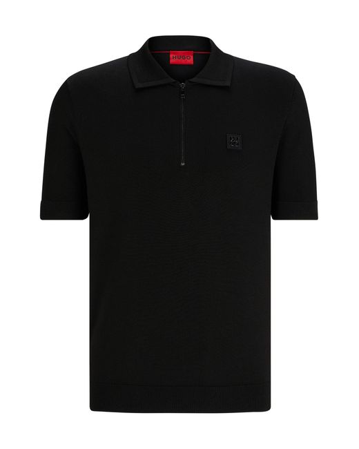 HUGO Black Zip-neck Polo Shirt With Stacked Logo for men