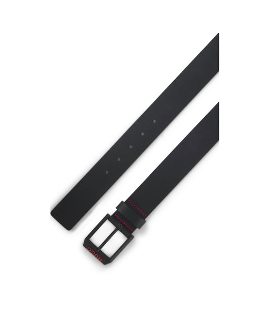HUGO Black Italian-Leather Belt With Angular Logo Buckle for men