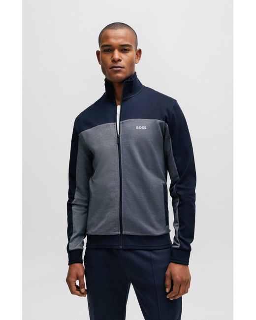 Boss Blue Cotton-blend Zip-up Jacket With Embroidered Logo for men