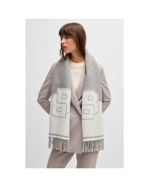 Boss Gray Wool-Blend Scarf With Double B Monogram