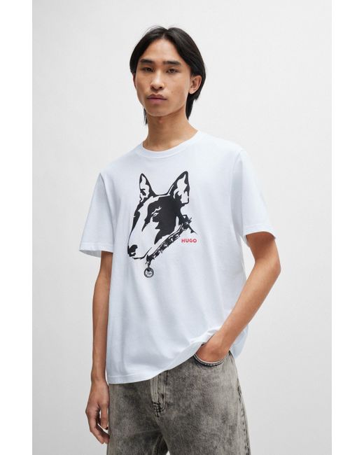 T-shirt en jersey de coton à motif chien artistique HUGO pour homme en coloris White