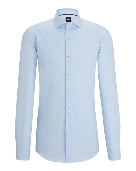 Boss Blue Slim-fit Shirt In Linen With Spread Collar for men