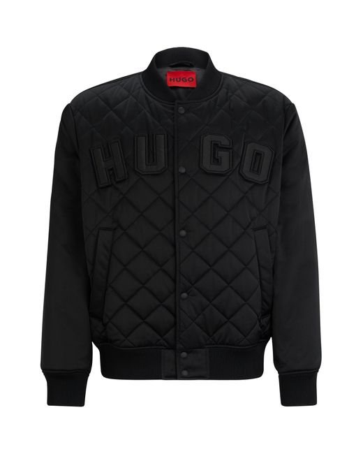 HUGO Black Water-repellent Satin Bomber Jacket With Varsity-style Logo for men