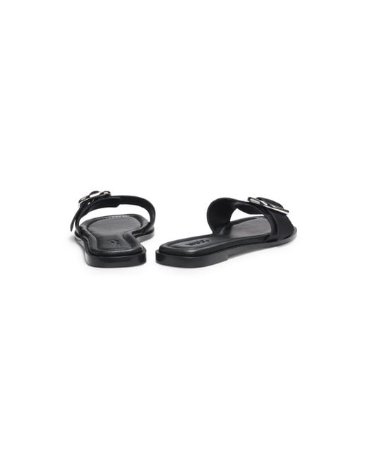 HUGO Black Leather Slides With Logo Buckle