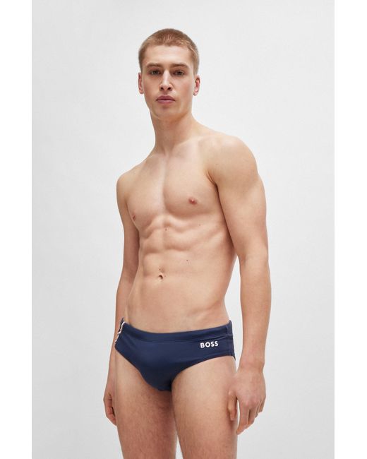 Boss Blue Jersey Swim Briefs With Signature Stripe And Logo for men