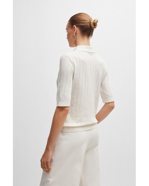 Boss White Linen-blend Sweater With Polo Collar