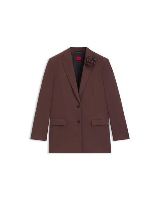 HUGO Brown Relaxed-Fit Blazer With Flower Brooch