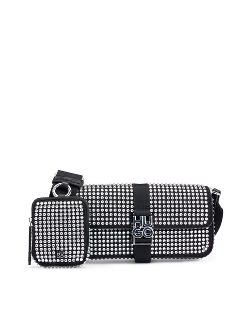 HUGO Black Crystal-studded Faux-suede Crossbody Bag With Mini Pouch