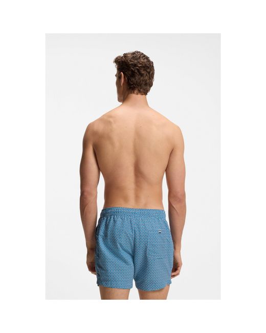 Boss Blue Printed Short-Length Swim Shorts With Logo Details for men