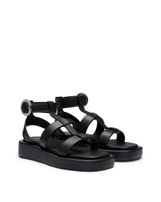 Boss Black Platform Leather Sandals With Branded Buckle Closure