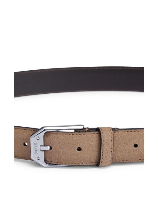 Boss Brown Italian-made Suede Belt With Angular Branded Buckle for men