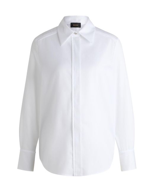 Boss White Striped-cotton Blouse With Concealed Placket