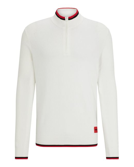 HUGO White Zip-neck Sweater With Red Logo Label for men