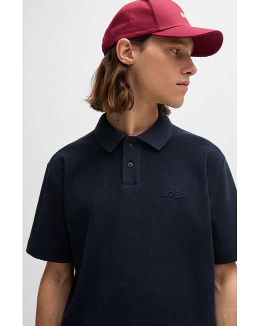 Boss Black Cotton-towelling Polo Shirt With Mixed-technique Logo for men