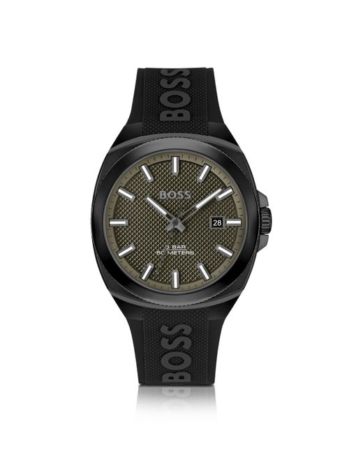 Boss Horloge Met Siliconen Logoband En Olijfgroene Guilloché-wijzerplaat in het Black voor heren