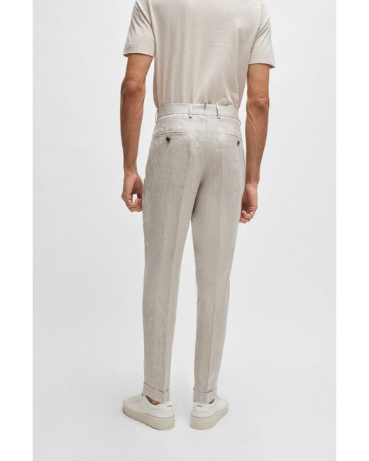 Boss Natural Relaxed-fit Trousers In Herringbone Linen And Silk for men