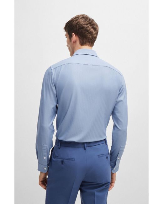 Boss Blue Slim-fit Shirt In Herringbone Performance-stretch Material for men