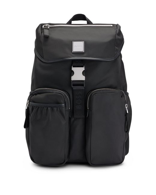 Boss Black Flap-closure Backpack In Recycled Fabric With Logo Patch for men