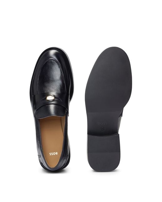 Boss Black Leather Moccasins With Branded Hardware