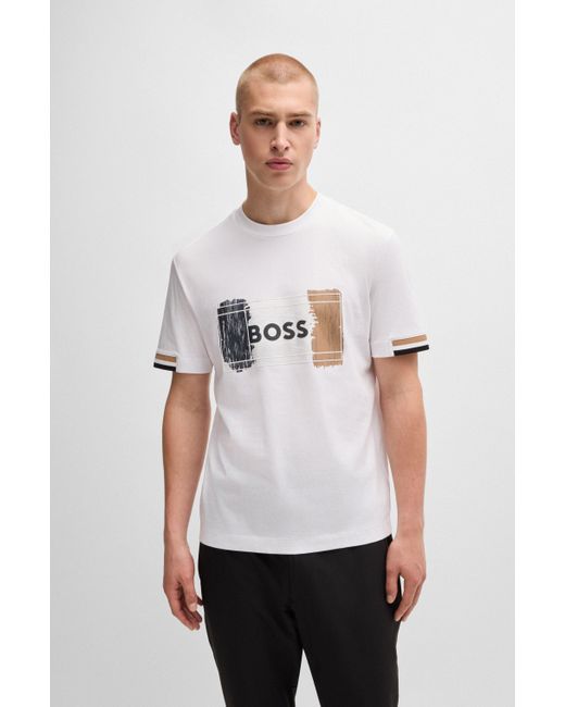 Boss White Cotton-jersey T-shirt With Signature Artwork for men