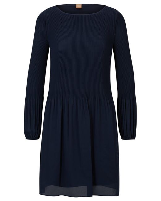 Boss Blue Regular-fit Dress With Long Sleeves And Pleated Skirt