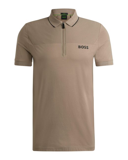 Boss Slim-Fit Poloshirt mit Troyerkragen und Mesh-Details in Natural für Herren