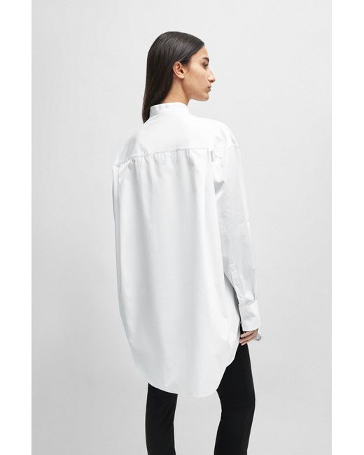 Boss White Naomi X Longline Cotton Blouse With Crinkle-free Effect