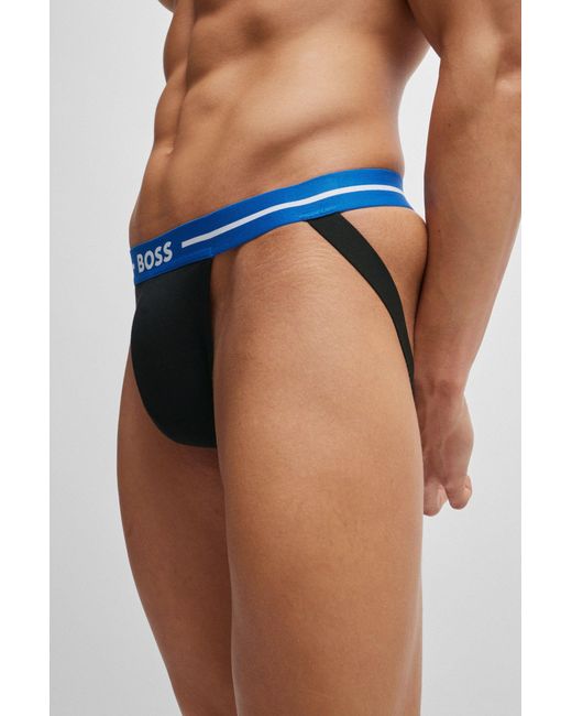 Boss Blue Three-pack Of Stretch-cotton Jock Straps With Logo Waistbands for men
