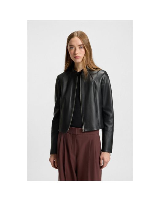 HUGO Brown Regular-Fit Leather Jacket With Stand Collar