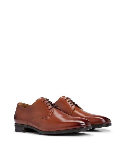 Boss Brown Leather Derby Shoes With Rubber Sole for men